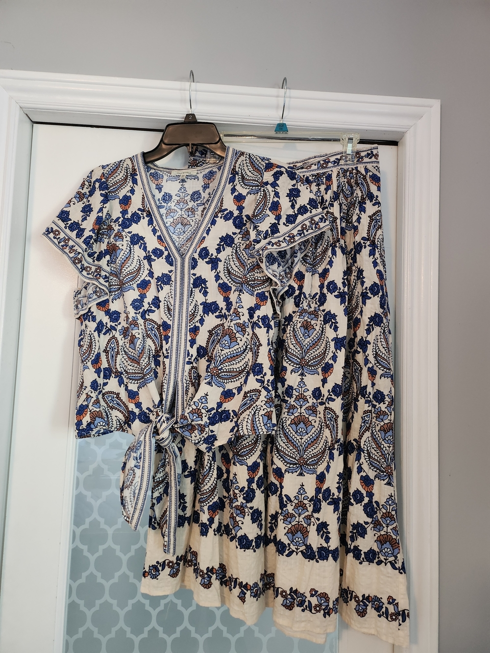 Max Studio Cream and Blue Floral Two-Piece Set